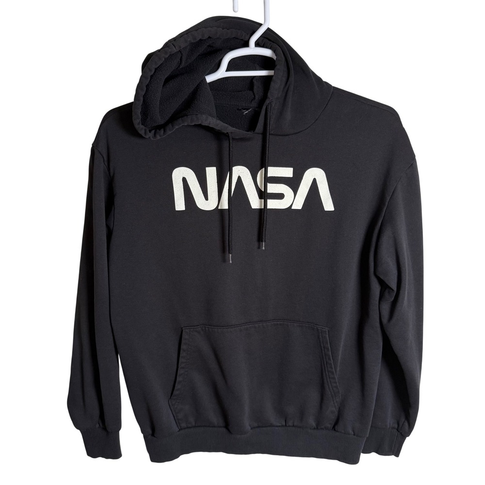 NASA Worm Logo Graphic Hoodie Sweatshirt Black Streetwear Space Retro Men Large